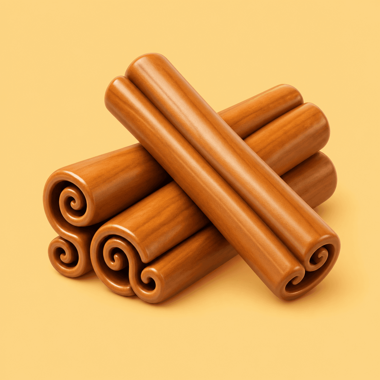 Several cinnamon sticks stacked diagonally on a yellow background, close-up and glossy.